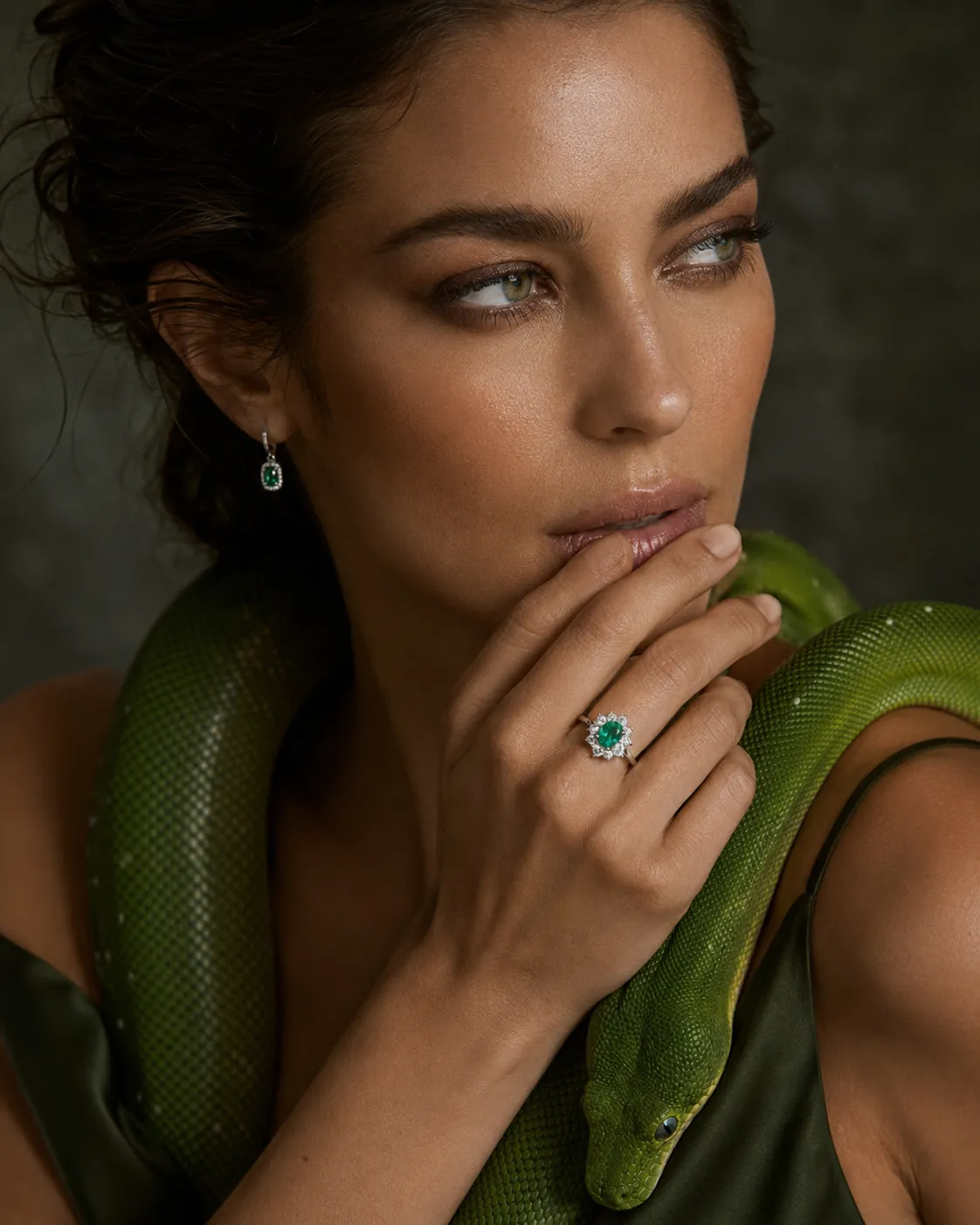 Visual creativo con modella, anello ovale con smeraldo e diamanti e pitone verde