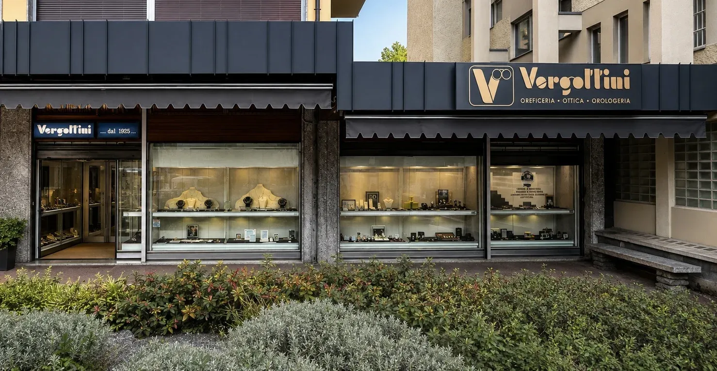 Facciata reale della gioielleria Vergottini a Sondrio, con insegna e vetrine
